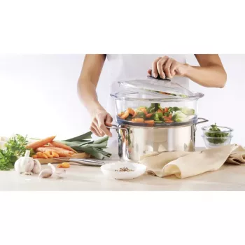 PYREX stiklinis dangtis 24 cm, borosilikatinis stiklas, juoda fenolinė rankena, garų išleidimo anga, atsparus orkaitei iki 220°C