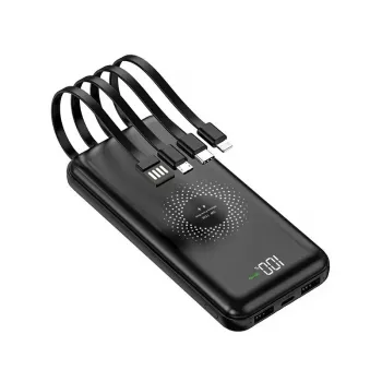 MRDISC PB-LEOsmart 10000mAh belaidis power bankas su integruotais kabeliais, PD22.5W greitasis įkrovimas, 15W belaidė išeiga, juodas