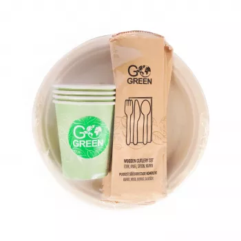 GOGREEN kompostuojamas pikniko indų rinkinys 4 asmenims, 24 dalių, augalinės kilmės, natūraliai baltas