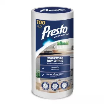 PRESTO Universal valymo servetėlės ritinyje, 100 vnt., neaustinės, iš anksto sudrėkintos, be alkoholio, antistatinės, nepaliekančios likučių