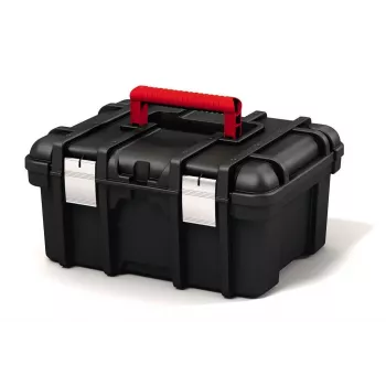 KETER DIY Power Tool Box 16 įrankių dėžė, 41,9 x 32,7 x 20,5 cm, juoda su raudonais akcentais, sukraunama, metaliniai fiksatoriai, išimama dėklas