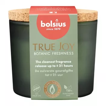 BOLSIUS True Joy kvapni žvakė stiklinėje su kamštiniu dangteliu, Botanic Freshness, Ø66 x 83 mm