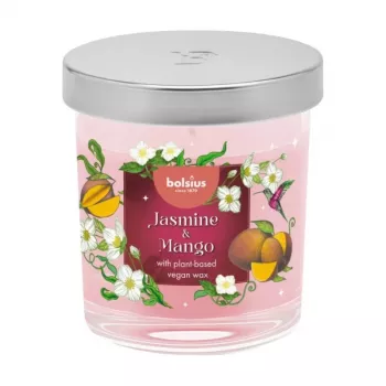 Bolsius Floral Fusion Jazminų ir mango kvapioji žvakė stiklinėje, 80x72 mm