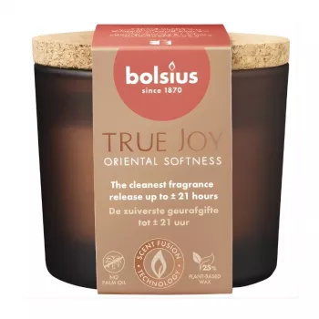 Bolsius True Joy Oriental Softness kvapni žvakė stiklinėje su kamštiniu dangteliu, Ø66x83 mm