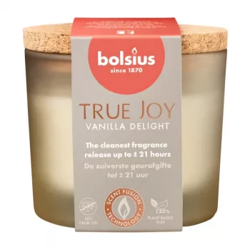 BOLSIUS True Joy Vanilla Delight kvapioji žvakė stiklinėje su kamštiniu dangteliu, Ø66x83 mm