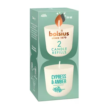 Bolsius CleanLight pakaitinės žvakės, 2 vnt., cypress & amber