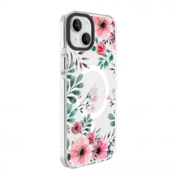 Evelatus iPhone 15 Plus permatomas MagSafe dėklas su gėlių raštu