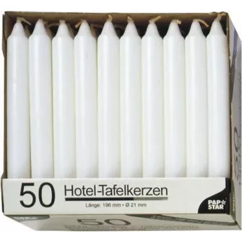 PAPSTAR stalo žvakė balta, 196 mm aukščio, 22 mm skersmens, 100 vienetų, parafinas, 7 h degimo laikas