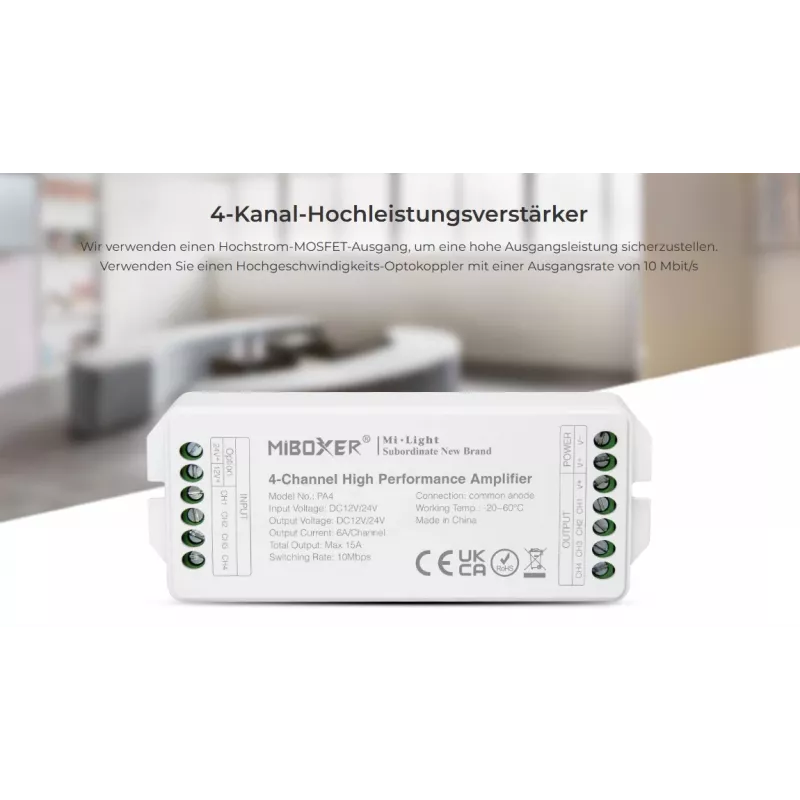 Synergy 21 LED valdiklis AMP-Serijos 4 kanalų stiprintuvas, skirtas MiLight/MiBoxer (PA4)