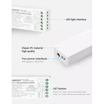 MiBoxer FUT035S+16kHz 2-in-1 dviejų baltų LED šviesos valdiklis (DC12/24V, 2.4GHz, 16kHz be mirgėjimo)