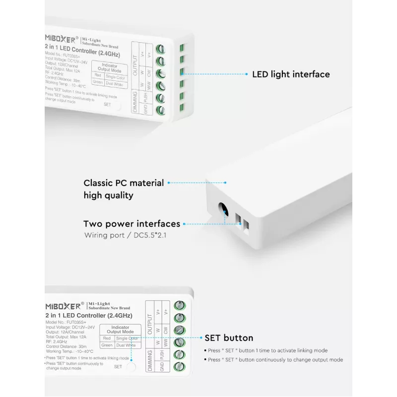 MiBoxer FUT035S+16kHz 2-in-1 dviejų baltų LED šviesos valdiklis (DC12/24V, 2.4GHz, 16kHz be mirgėjimo)