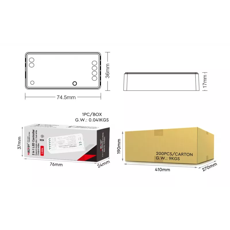 MiBoxer FUT035S+16kHz 2-in-1 dviejų baltų LED šviesos valdiklis (DC12/24V, 2.4GHz, 16kHz be mirgėjimo)
