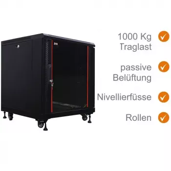 IT-BUDGET 19 inch tinklo spintelė SRK - 12U - 600x600 mm - stiklo/plieno durelės - išardoma - juoda (90ITB19SRK1266GSN)