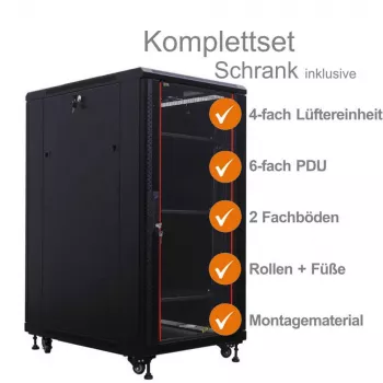 IT-BUDGET 19 inch tinklo spintos SRK komplektas - 27U - 600x800 mm - stiklinės/plieninės durelės - 4 aktyvūs ventiliatoriai - PDU - lentynos - išardytas - juodas (90ITB19SRK2768GS)