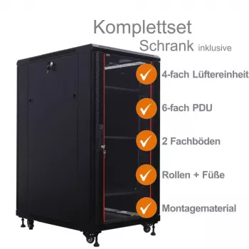 IT-BUDGET 19 inch tinklo spintos SRK komplektas - 27U - 600x800 mm - stiklinės/plieninės durelės - 4 aktyvūs ventiliatoriai - PDU - lentynos - išardytas - juodas (90ITB19SRK2768GS)