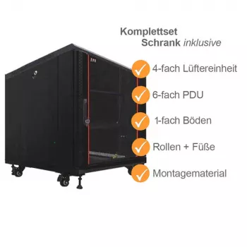IT-BUDGET 19 inch tinklo spintelė SRK komplektas 12U 600x600 mm stiklo/plieno durelės, 4 ventiliatoriai, PDU, lentynos, išardoma, juoda 90ITB19SRK1266GS