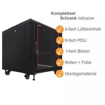 IT-BUDGET 19 inch tinklo spintelė SRK komplektas 12U 600x600 mm stiklo/plieno durelės, 4 ventiliatoriai, PDU, lentynos, išardoma, juoda 90ITB19SRK1266GS