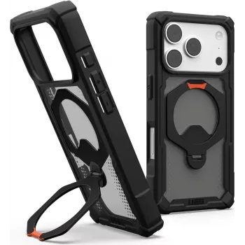 UAG Urban Armor Gear Plasma XTE 360 MagSafe dėklas su atlenkiama kojelė Apple iPhone 18 Pro/17 Pro - permatomas pilkas su juodais ir oranžiniais akcentais 114573114097