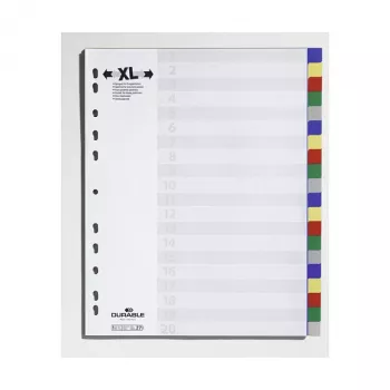 DURABLE A4 itin platūs tušti indeksų skirtukai, 20 dalių, baltas 160 gsm perdirbtas kartonas, universalus perforavimas
