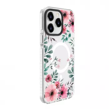 Evelatus Apple iPhone 15 Pro Max PC+TPU dėklas su MagSafe - permatomas su gėlių raštu