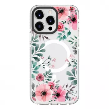 Evelatus Apple iPhone 15 Pro Max PC+TPU dėklas su MagSafe - permatomas su gėlių raštu