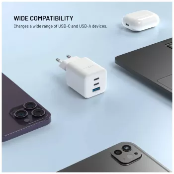 Fixed Mini 2x USB-C ir USB GaN įkroviklis 65W, baltas