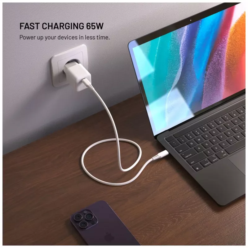 Fiksuotas mini GaN maitinimo adapteris su USB-C išėjimu ir PD palaikymu, 65W