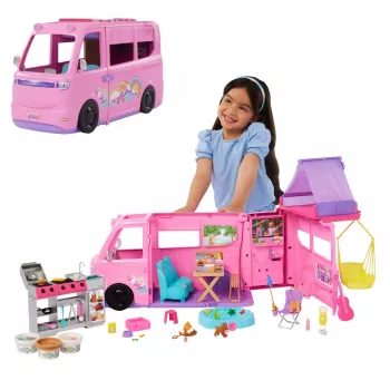 Barbie Dreamhouse Adventures lėlių kemperis, transformuojamas į 7 zonų RV, 60+ aksesuarų, rožinės spalvos
