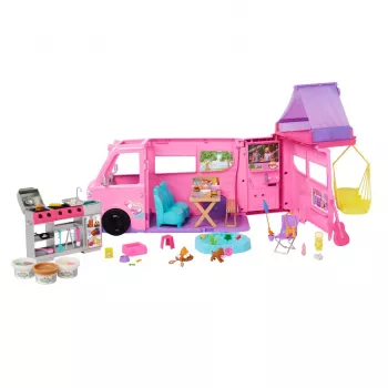 Barbie Dreamhouse Adventures lėlių kemperis, transformuojamas į 7 zonų RV, 60+ aksesuarų, rožinės spalvos