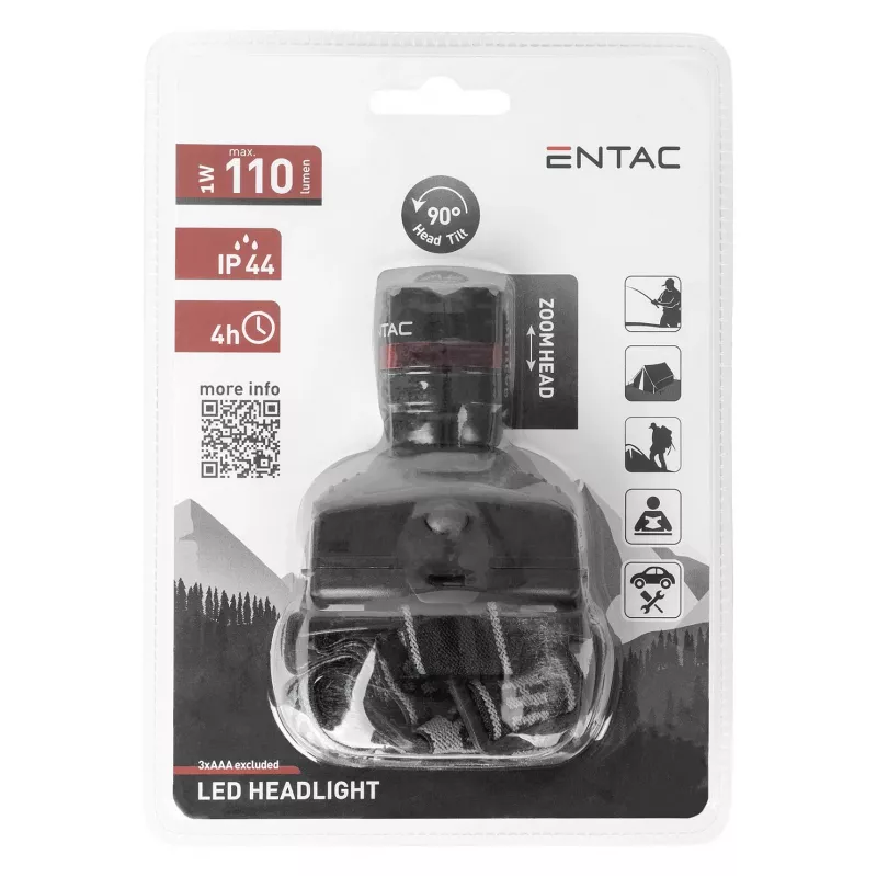 ENTAC EHL-ZOOM-1W-PL Zoom 1W LED priekinis žibintuvėlis, juodas