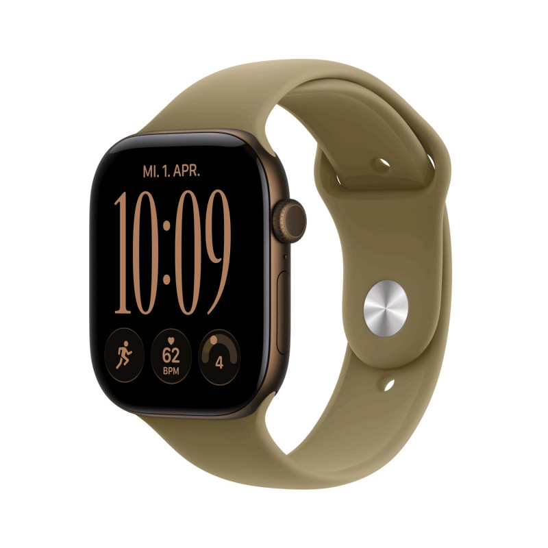 Apple Watch Series 12 GPS 46 mm tamsiai bronzinio aliuminio korpusas su alyvuogių sportine apyranke – M/L