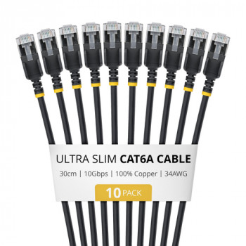 StarTech.com Slim Cat6a U/FTP tinklo kabelis RJ45, 0,3 m, juodas, 10 vnt. paketas