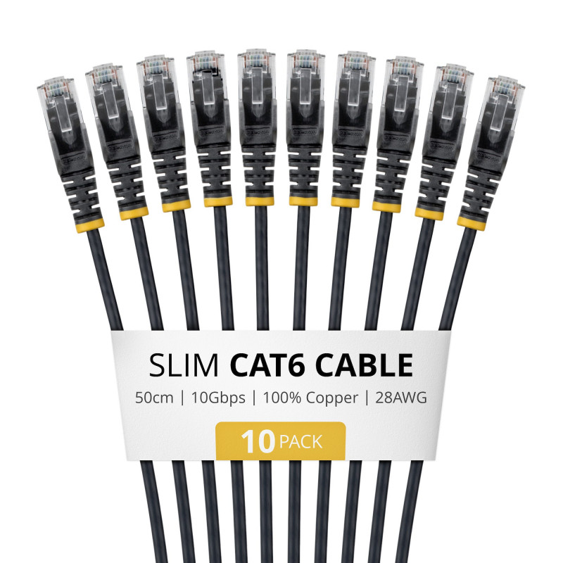 StarTech.com Slim Cat6 U/UTP tinklo kabelis RJ45, 0,5 m, juodas, 10 vnt. paketas