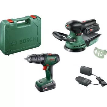 Bosch DIY rinkinys UniversalImpact 18V + AdvancedOrbit 18V, 2x 2.0Ah Li-Ion akumuliatoriai, akumuliatorinis smūginis gręžtuvas-suktuvas + akumuliatorinis ekscentrinis šlifuoklis, žalias (06039D410A)