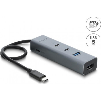 Delock 4 prievadų USB 5 Gbps šakotuvas su USB Type-C™ kištuku į 2 x USB Type-A prievadus + 2 x USB Type-C™ prievadus ir PD 100 W (64378)