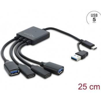 Delock 4 prievadų USB 5 Gbps kabelio šakotuvas su USB Type-C™ arba USB Type-A kištuku į 2 x USB Type-A lizdus + 2 x USB Type-C™ lizdus - 25 cm (64375)