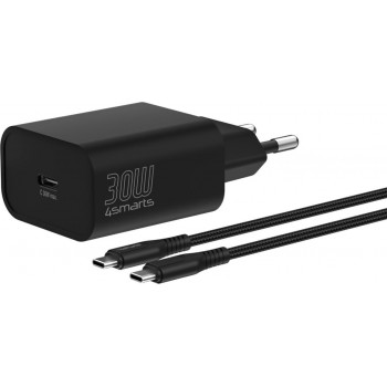 4smarts VoltPlug PD 30W sieninis įkroviklis, 1x USB-C, su USB-C kabeliu 1,5 m, juodas