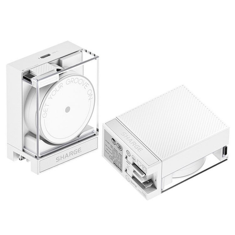 SHARGE Retractable 65 GaN įkroviklis, 65W, 2x USB-C, integruotas USB-C kabelis - baltas