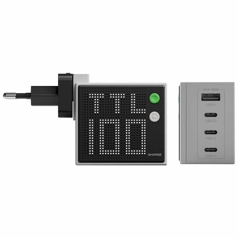 SHARGE Pixel 100 GaN įkroviklis, 100W, 3x USB-C, 1x USB-A - pilkas