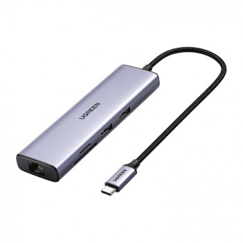 UGREEN 60515 7-in-1 USB-C daugiafunkcis adapteris, 4K HDMI, Gigabit Ethernet, 100 W PD, pilkas