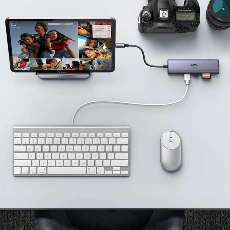 UGREEN 60515 7-in-1 USB-C daugiafunkcis adapteris, 4K HDMI, Gigabit Ethernet, 100 W PD, pilkas