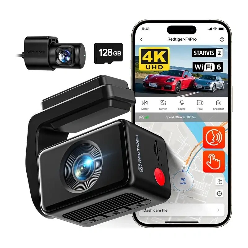 REDTIGER F4 Pro WiFi 4K + 1080p 128GB automobilinis vaizdo registratorius