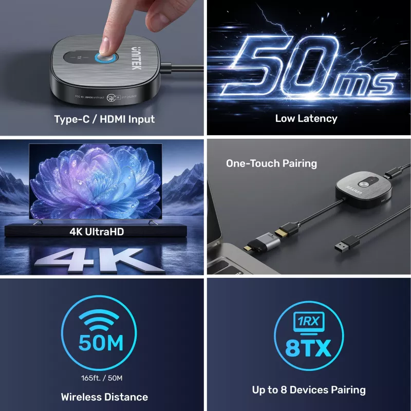Unitek belaidis HDMI imtuvas 4K@30Hz su siųstuvu ir USB-C į HDMI adapteriu