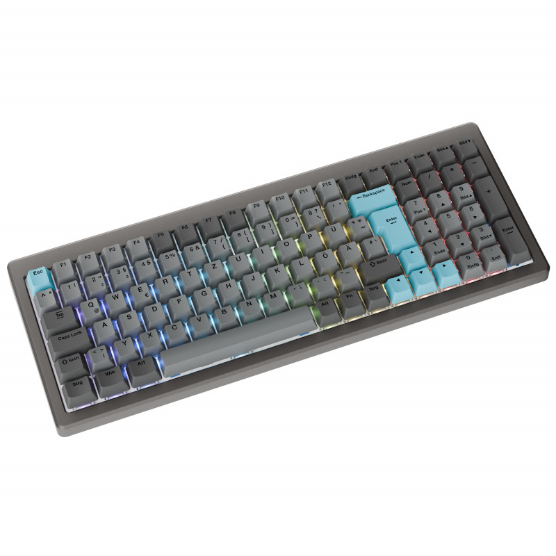 Ducky Cushion 98 žaidimų klaviatūra, 96%, DE išdėstymas (ISO), Shush žali jungikliai - Nickel (DKCUS2598-DDDEPHCC3H1)