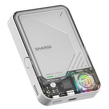 SHARGE ICEMAG 2 nešiojamas įkroviklis, 10000 mAh, 15 W Qi2, 30 W USB-C, permatomas