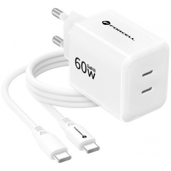 Forcell F-Energy GaN III Crystal Color VT-60 60W PD QC 4.0 sieninis įkroviklis su 2x USB-C, baltas + kabelis