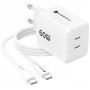Forcell F-Energy GaN III Crystal Color VT-60 60W PD QC 4.0 sieninis įkroviklis su 2x USB-C, baltas + kabelis