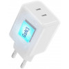 Forcell F-Energy GaN III Crystal Color VT-60 60W PD QC 4.0 sieninis įkroviklis su 2x USB-C, baltas + kabelis