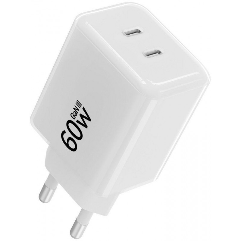 Forcell F-Energy GaN III Crystal Color VT-60 60W PD QC 4.0 sieninis įkroviklis su 2x USB-C, baltas + kabelis