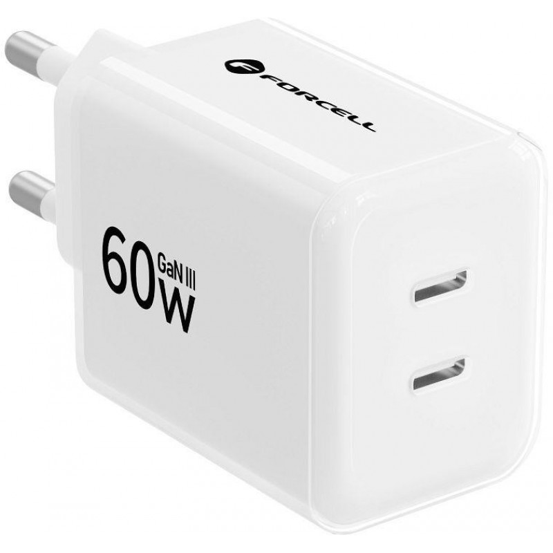 Forcell F-Energy GaN III Crystal Color VT-60 60W PD QC 4.0 sieninis įkroviklis su 2x USB-C, baltas + kabelis